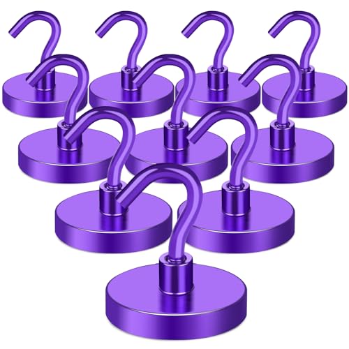 MIKEDE Magnetic Hooks,150LB Heavy Duty Magnets with Hook for Fridge, Strong Magnet Neodymium Industrial Hooks Hanging, Hanger Toolbox, Cruise(Purple, 10 Pack)