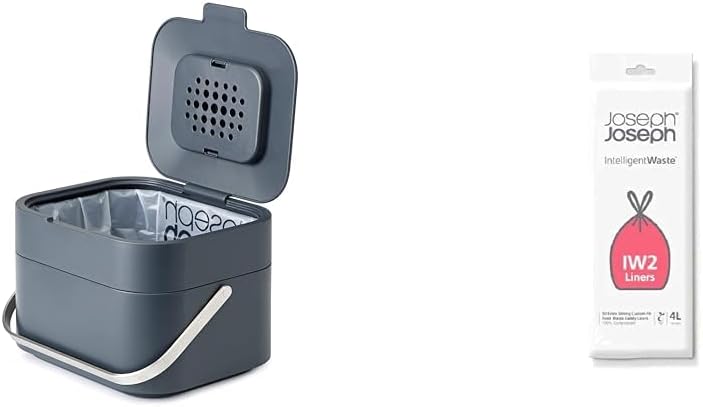 Joseph Joseph Stack 4 Liter/1 Gallon Food Waste Caddy with Odour Filter, Graphite & Joseph Joseph IW2 Biodegradable, Compostable Bags, Pack of 50 Food Waste Bin Liners (4 Liter), White