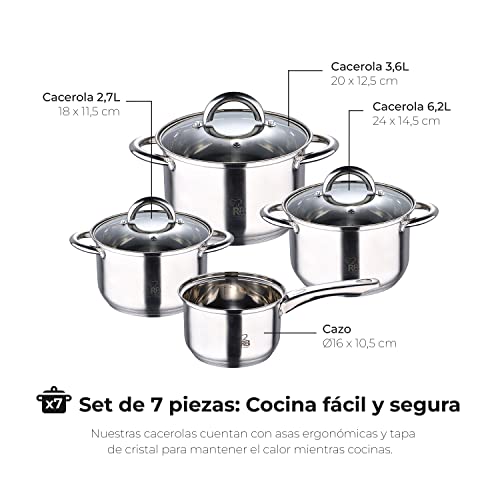 RENBERG-Alexander-Bateria-de-Cocina-de-7-Piezas-Cazo-de-16-cm-y-Cazuelas-con-Tapa-de-Cristal-de-18-20-y-24-cm-de-Diametro-Acero-Inoxidable-Menaje-de-Cocina-Para-Todo-Tipo-de-Cocinas