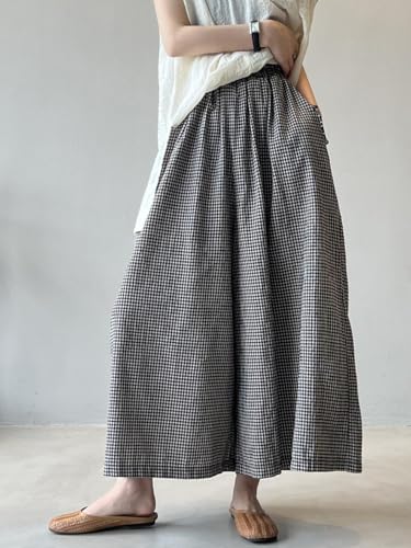 Minibee Women's Linen Palazzo Pants Casual Wide Leg Gingham Pant Boho Plaid Loose Trousers with Pockets2