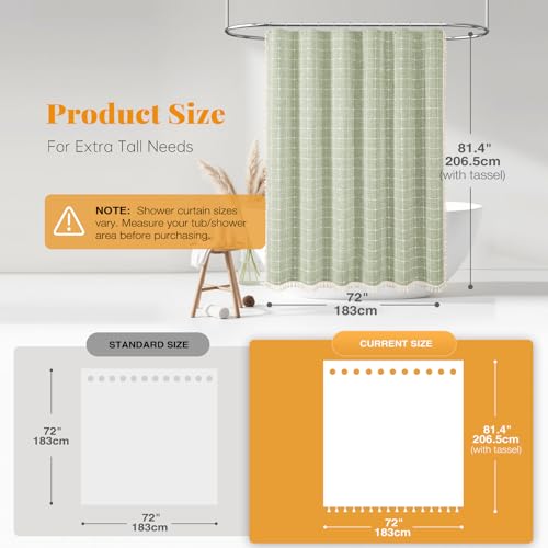Image of BTTN 80 Inch Long Shower Curtain - 72x80 Boho Farmhouse Linen Vintage Fabric Shower Curtain Set with 12 Plastic Hook, Aesthetic Rustic Country Weighted Cloth Shower Curtains for Bathroom - Sage Green
