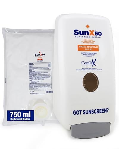 CoreTex Sun X 50 750mL Sunscreen Lotion Bladder & Wall Mount Dispenser - Paraben, Oxybenzone, Octinoxate, & Oil Free - Broad Spectrum (UVA/UVB) Sunscreen - Water Resistant Up to 80 Minutes