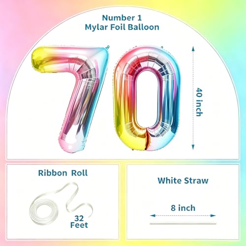 Image of Rainbow Number Balloons Birthday Balloons - Giant Number 70 Balloon 40 inch, Numbers Balloon Birthday Decorations, Rainbow Party Supplies for Baby Shower