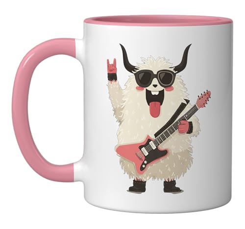 Funny Fluffy Monster Rock Music Yeti Graphic Playful Vibrant Ceramic Mug, Pink/White