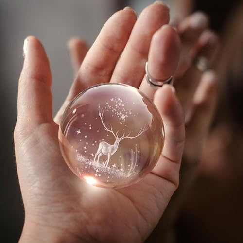 Image of 3D Deer Crystal Ball Night Lamp, Creative Engraved, USB Table LED Wooden Crystal Ball for Home Office Decoration Birthday Gift Adults (Deer)(Warm White)