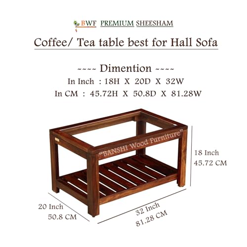 Image of BWF Premium Sheesham Wood Frame & Transparent View Solid Glass Top Centre Table for Home, Office, Cafe & Reception Areas | TeaCoffee Table | Sofa Table | Luxury Furniture | Under Table Shelf Storage