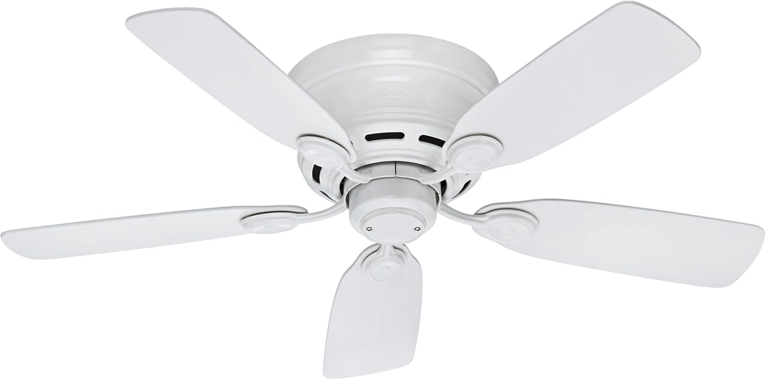 Hunter 42 inch Indoor Ceiling Fan No Light - White Ceiling Fan without Light, Low Profile Mount, 5 Blades, For Bedroom, Living Room, or Kitchen, Pull Chain - Low Profile IV 51059, Snow White
