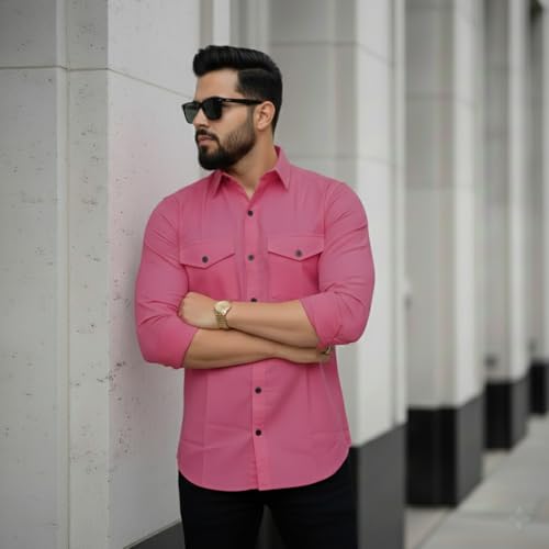 Image of DEELMO Men's Classic Cotton Blend Slim Fit Shirt || Full Sleeve Button-Down Casual Shirt with Dual Flap Pockets || Soft Breathable Fabric || Ideal for Office Party and Everyday Wear