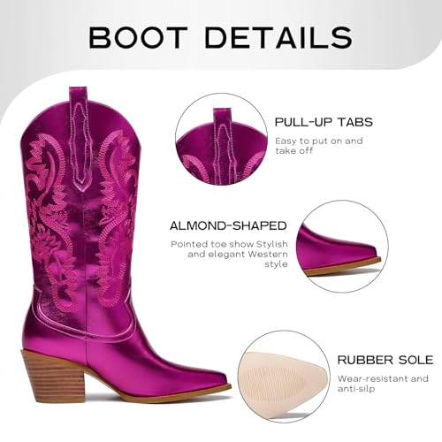 GOSERCE Cowboy Boots for Women - Metallic Mid Calf Cowgirl Boots with Embroidery Sparkly Western Wide Calf Short Boots Fashion Pull on Pointy Toe Chunky Stacked Heel 2.5"4