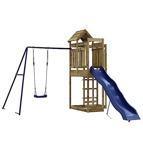 vidaXL Outdoor Playset with Wave Slide and Single Swing Set - Impregnated Pinewood Construction for Backyard Playground - A Shaped Design for Children aged 3-8 years.