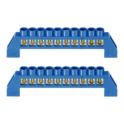 2Pcs Neutral Terminal Bar 10 Positions Brass Wire Screw Terminal Bus Bar Block Grounding Strip Blue Shell for Electrical Distribution
