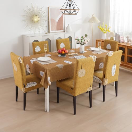 Image of Styleys Dining Chair Cover with Table Covers for Kitchen Waterproof Dining Table Cloth (1 Table Cover + 6 Chair Cover, Mustard Flower, CTSD3130)