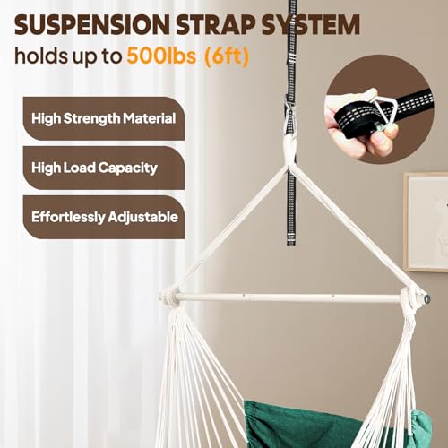 Image of Chihee Hammock Chair Hanging Chair with Foot Rest 2 Cushions Max 500lbs Robust Metal Spreader Bar Collapsible Easy Storage Soft Cotton Swing Chair Strong Strap Iron Carabiner Side Pocket Included