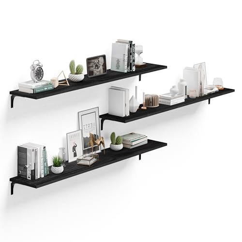 Image of Deep Floating Shelves, 12 Inch Extra Wide Solid Wood Wall Shelves, 60 Inch Long Heavy Duty Wall Mounted Bookshelf for Living Room, Kitchen and Bedroom, Set of 3 (Black)