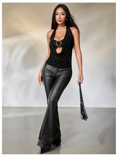 MakeMeChic Women's Mesh Tie Open Back Halter Tops Draped Y2k Tank with Metal Ring Bendeau Bra4