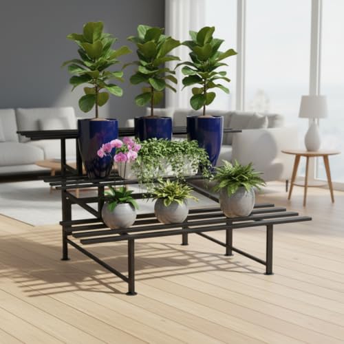 Maka Porta Piante Da Interno Ed Esterno, Piedistallo Per Piante, Fioriera Da Esterno In Metallo, Porta Vasi Da Balcone, Portafiori In Ferro, Portata Max 30 Kg, Piedini Regolabili (3 Ripiani 80Cm) - 5