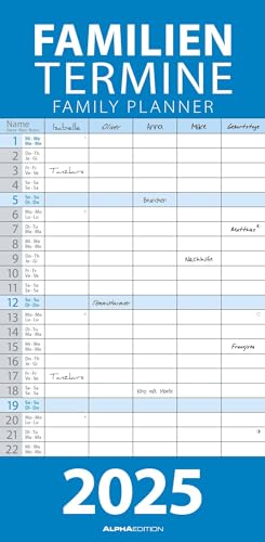 Alpha Edition - Planificador familiar azul 2025, 22 x 45 cm, calendario familiar con 5 columnas para citas, horarios, semanas, fechas de vacaciones DE/AT/CH, calendario internacional