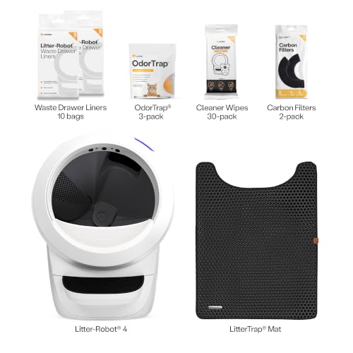 Image of Litter-Robot 4 Supply & Accessory Bundle by Whisker, White- Automatic Self-Cleaning Cat Litter Box, Includes Litter-Robot 4, Mat, 3 OdorTrap Packs, 10 Liners, 30 Wipes, & 2 Carbon Filters