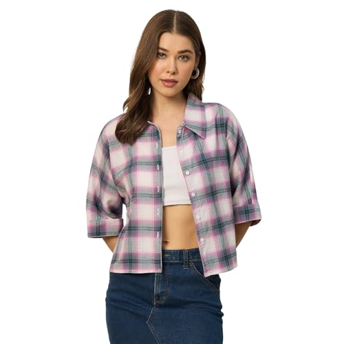 Image of Chimpaaanzee Women Checks Half Sleeve Crop Shirt