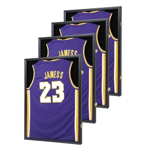 Image of Jersey Frame Display Case 4 Pack, Large Lockable Shadow Box Sports Jersey Frame with UV Protection Acrylic and 2 Hanger for Baseball Basketball Football Soccer Hockey Shirt,Graduates Black