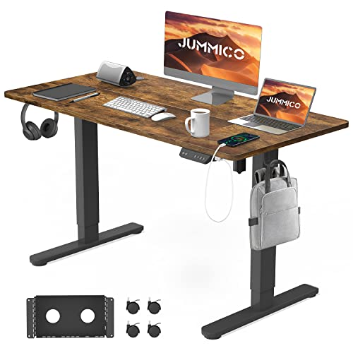 JUMMICO Electric Standing Desk 120x60cm with USB Charging, Height Adjustable Computer Desk with Cable Tray and Wheels,Ergonomic Sit Stand Desk Rising Table Home Office Furniture, Vintage Brown