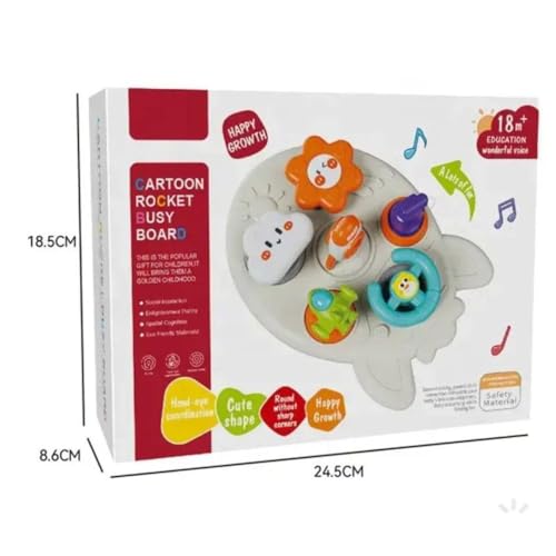 Image of 6-in-1 Space Rocket Baby Sensory Busy Cube for Toddlers - Montessori Educational Activity Center with Pull Strings, Gears & Clicker - Fine Motor Skills Travel Learning Toy for Infants
