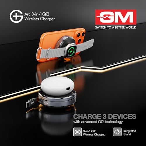 Image of GM G+ Arc Wireless Charger |15W Fast Charging for iPhone 12 /13 /14 /15 /16 /17, AirPods Pro /3 /2, All Apple Watch Series,Advanced Qi2 Chipset | 90cm Built-in Retractable Cable | Pocket-Friendly Stand