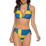 Delerain Women's Two Piece Swimsuit Sexy Halter Sweden Flag Bikini Sets Triangle Swimsuits Swimwear Bathing Suit, M