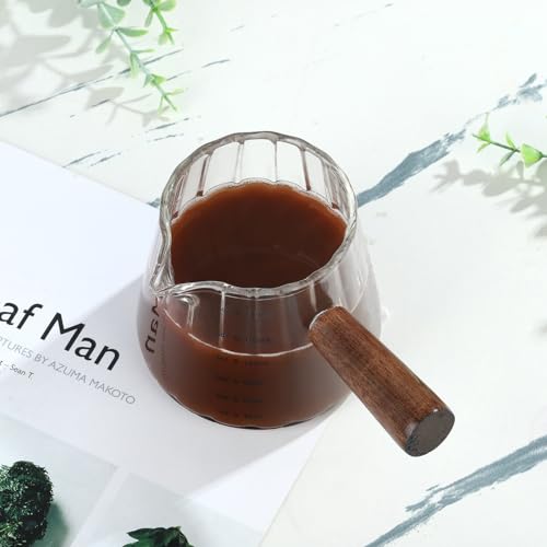 Joeyan 6 oz Glass Measuring Cups with Spout,Borosilicate Glass Triple Pitcher with Scale,Origami Style Espresso Shot Glasses with Wood Handle for Coffee Milk,Dishwasher Safe - Thumbnail 7