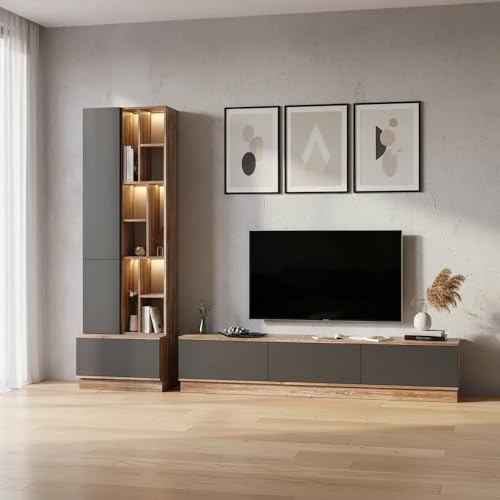 Stylish Home طاولة تلفزيون بني و رمادي من 4 قطع شاملة الأرفف موديل 61 شاملة الاضاءة