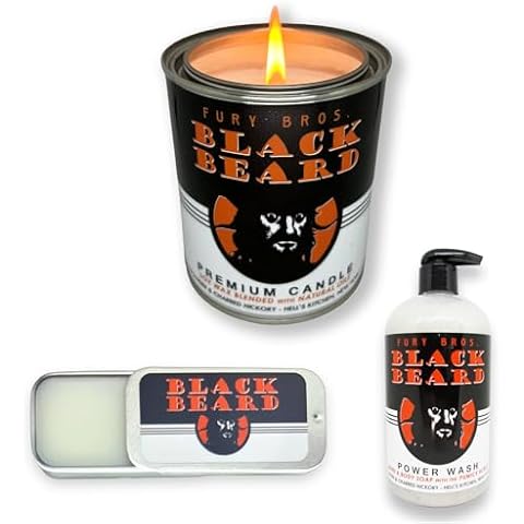 FURY BROS. Premium Scented Candle with Power Wash and TAGS Solid Cologne Bundle | Black Beard | Gunpowder & Charred Hickory | Made in USA | All-Natural Ingredients | Dad Gift Man Cover