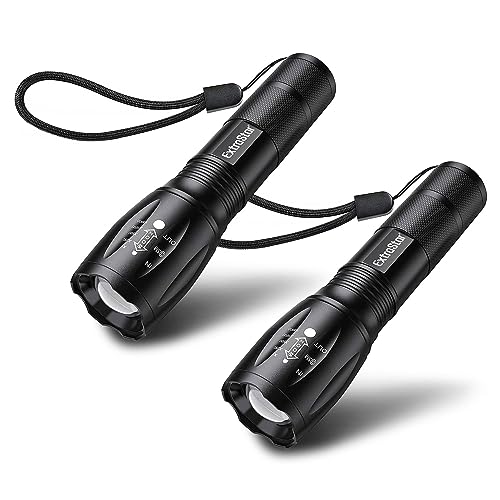 EXTRASTAR LED Torch Battery Powered, Zoomable Torches Adjustable Focus Led Bright Flashlight, 5 Modes Mini Tactical Torch for Camping, Hiking, Power Cut, Pack of 2