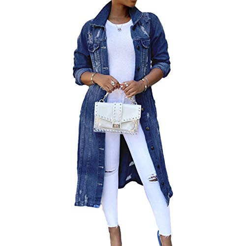 Womens Denim Jacket Long Jean Coat Long Sleeve Button Down Trenchcoat Casual Maxi Denim Jean Coat Ripped Outcoat (Deep Blue, 3x_l)