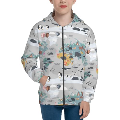 The World Map with Cartoon Animals Kids Pullover Hoodies Boys Zip Up Sweatshirts Girls Athletic Clothes with Pocket3