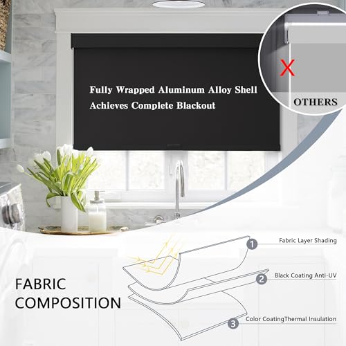 AOSKY Blackout Roller Shades Cordless Blinds for Windows, Free-Stop Shades with Valance, Thermal Insulated Fabric, UV Protection, Natural Woven Blinds for Home and Office (30" W x 72" H, Black) by AOSKY - Image 4