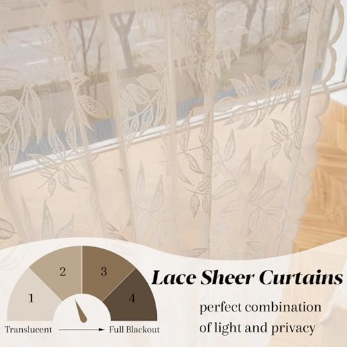 Sutuo Home Ivory Lace Curtains 84 Inches Long, Leaf Embroidery Window Sheer Drapes Pair Knitted, Rod Pocket Vintage Country Window Treatments Set of 2 Panels for Bedroom Living Room, 57" W x 84" L by Sutuo Home - Used condition - Image 2