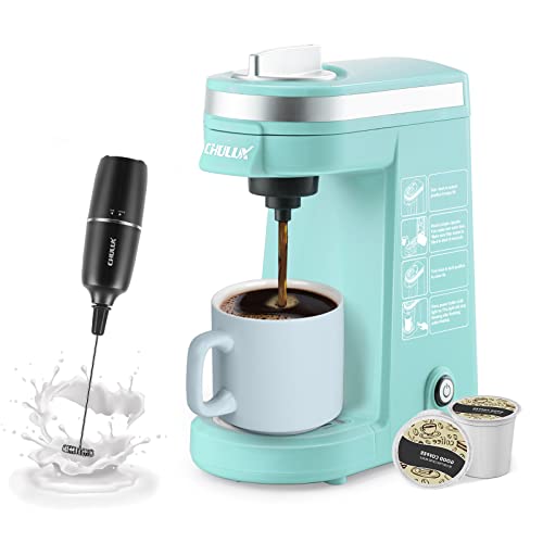 CHULUX Single Cup Coffee Maker with Milk Frother,One Button Operation Compact Coffee Machine with Auto Shut-Off for Capsule or Ground Coffee,Cyan