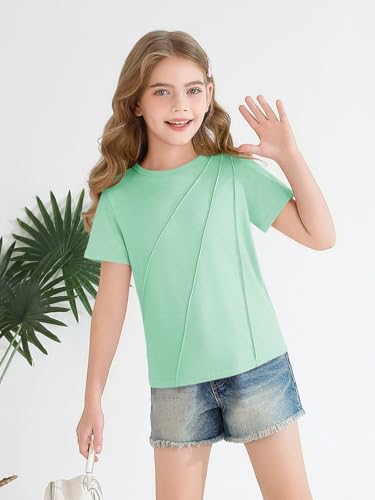 Image of Haloumoning Girls Pleated Short Sleeve T Shirts Kids Summer Fashion Crewneck Tees Tops 5-14 Years