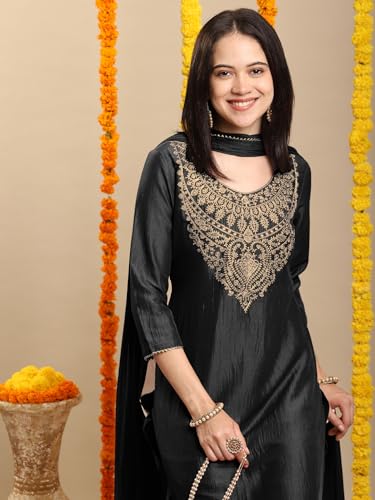 Image of GoSriKi Women's Rayon Viscose Embroidered Straight Kurta with Pant & Dupatta