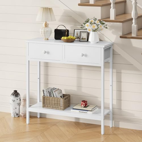 Miniatura 2 de Hoobro Mesa Consola, 75 Cm De Pasillo Con 2 Cajones De Tela, Aparador De Entrada, Mesa De Sofá, Entrada, Salón, Pasillo, Estilo Industrial, Blanco Eww71xg01
