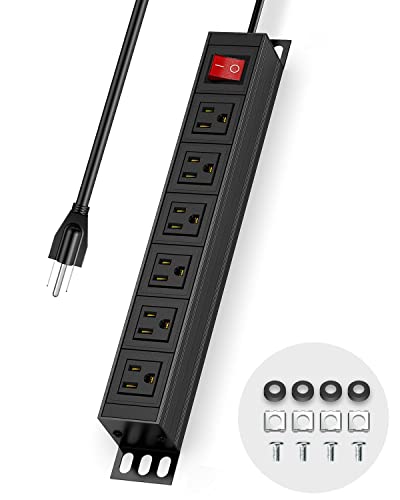 6 Outlet Metal Power Strip,Heavy Duty Wide Spaced Power Strip,Mountable Power Strip for Home Office Garage Workbench,6FT Extension Cord,Black