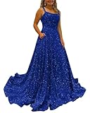 Royal Blue Sparkly Sequins A Line Prom Dresses Long Spaghetti Straps Plus Size Party Dresses Backless Formal Evening Ball Gowns for Women Royal Blue 20