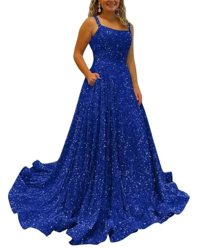 Image of ALFEICE Sparkly Sequins A Line Prom Dresses Long Spaghetti Straps Party Dresses Backless Wide Hem Ball Gowns for Women