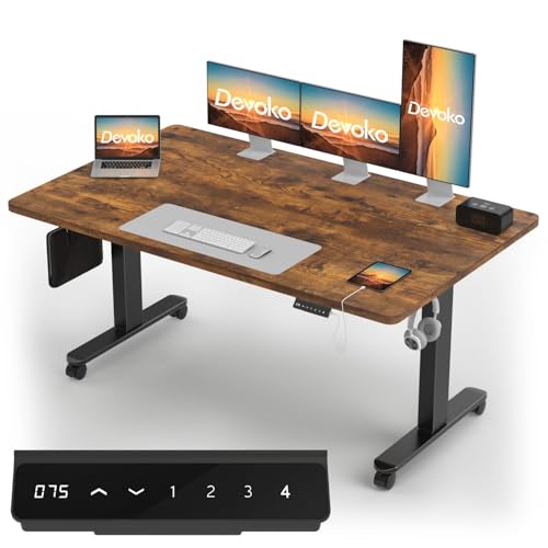 Devoko Höhenverstellbarer Schreibtisch mit 2 Motoren，25mm Einteilige Tischplatte, 160x80 cm Mobiler Elektrisch Computertisch mit Kabel Management, Vintagebraun - Perfekte Ergonomie für Dein Büro