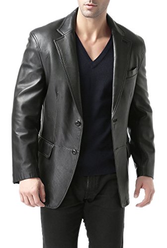 BGSD Men's Black Leather Blazer Lambskin Sport Coat Jacket 2-Button Sportcoat Large Long