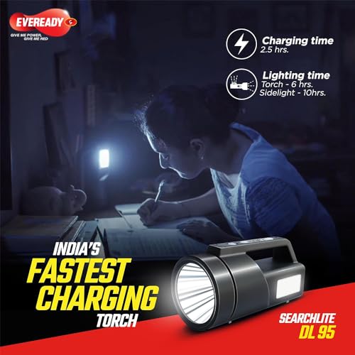 Image of EVEREADY SEARCHLITE DL95, Rechargeable 4W Torch Cum 4W Emergency Sidelight, Type-C USB Fast Charging, Glow-in-THE-Dark Strip, Overcharge & Deep Discharge Protection | Fluorescent