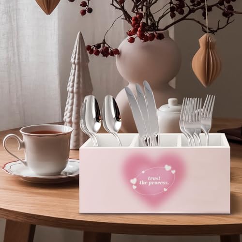 Image of Preppy Pink Heart Aura Inspirational Wooden Pen Pencil Holder for Office Desk Accessories, Trust the Process Spiritual Positive Makeup Brush Toothbrush Holder Organizer