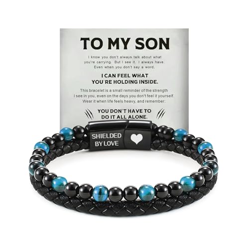 The Guardian - Sons Tiger Eye Protection Bracelet for Men To My Son Bracelet from Mom Leather Black Beaded Bracelet Handmade Cuff Inspirational Jewelry for Gift for Christmas Birthday (Blue Tigers Eye 7.5 Inches)