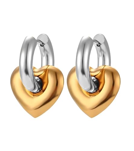 SweYone Detachable Heart Drop Hoop Earrings, 2 in 1 Two Tone Gold and Silver Earrings, 18K Gold Plated Stainless Steel, Versatile Hoop and Heart Dangle Earrings
