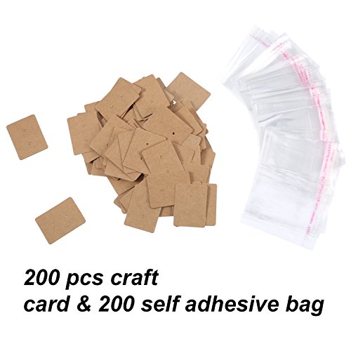 Satinior 200 Pack Stud Earring Cards Paper Earring Display Card For Selling With 200 Pcs Self-Seal Bags Earring Holder Cards Earrings Tags Stud Earring Cards For Studs, 1.57 X 1.18 Inches, Brown #TOP6